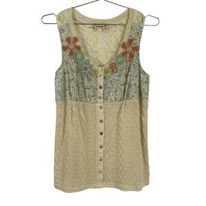 Lulumari Top Womens Large Ivory Lace Button Sleeveless Boho Floral Embroidered